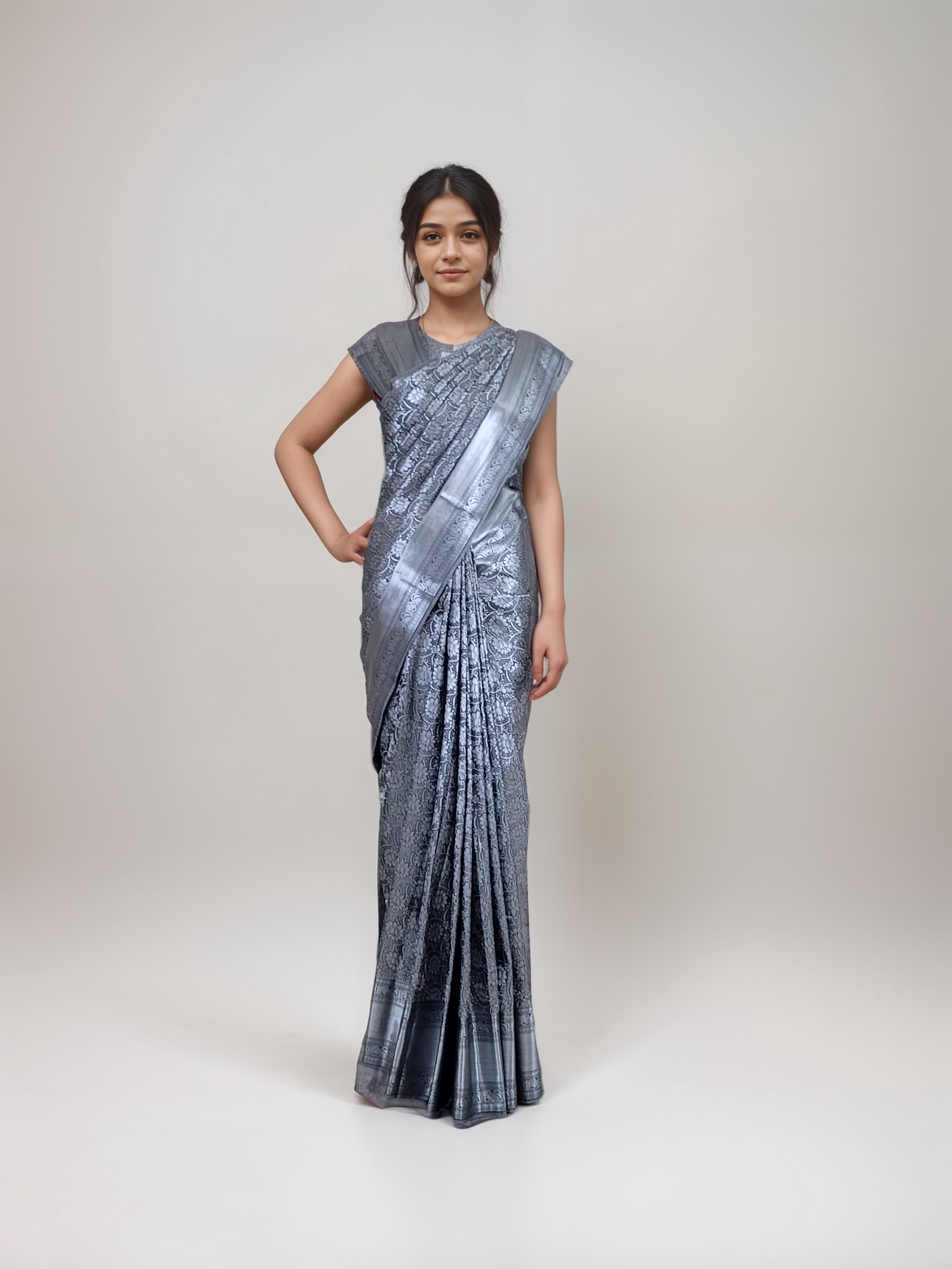 Vasthrakala Grey and Silver Fancy Silk Saree