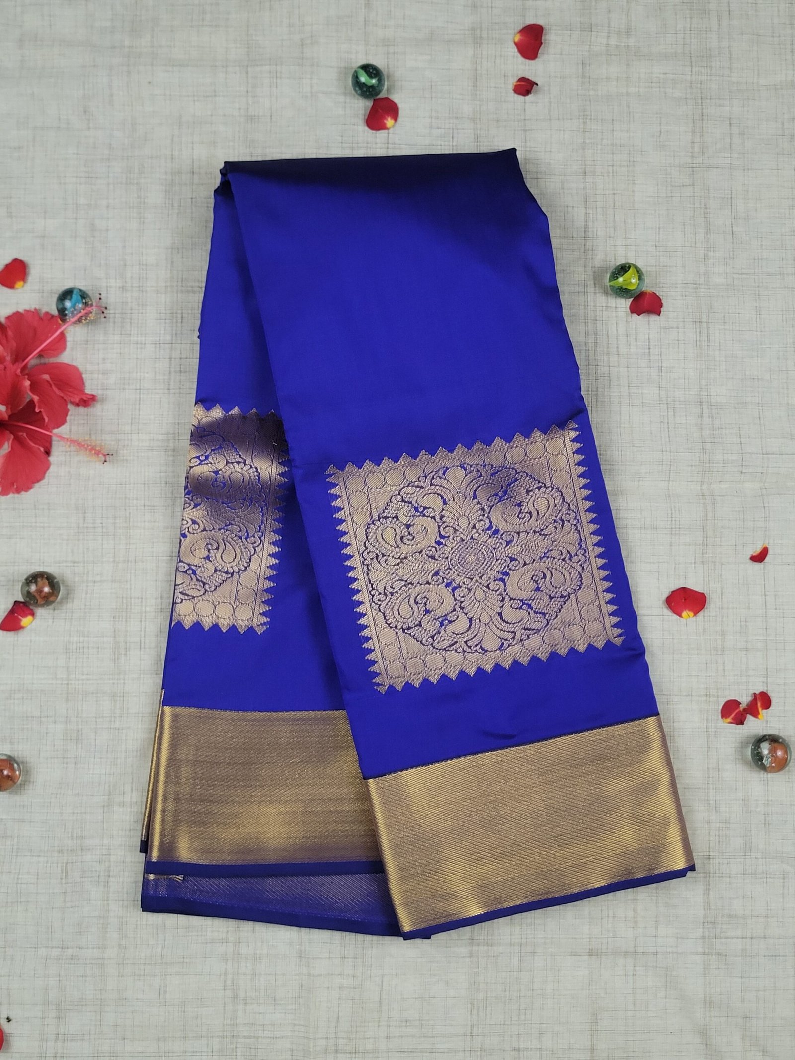 Vasthrakala Imperial Blue Gold Border Saree