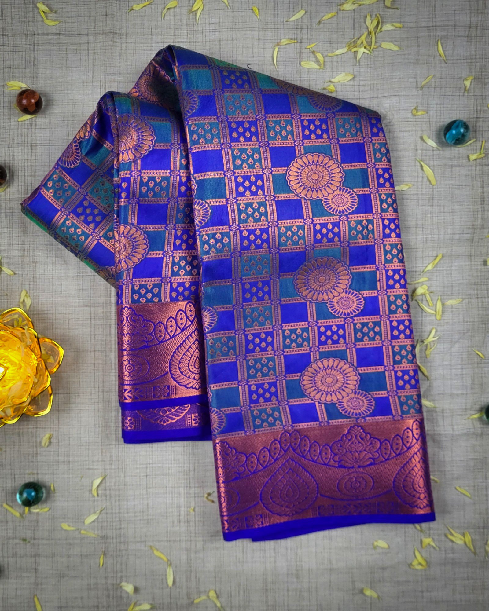 Samuthrika Royal Blue with Copper Zari Checks