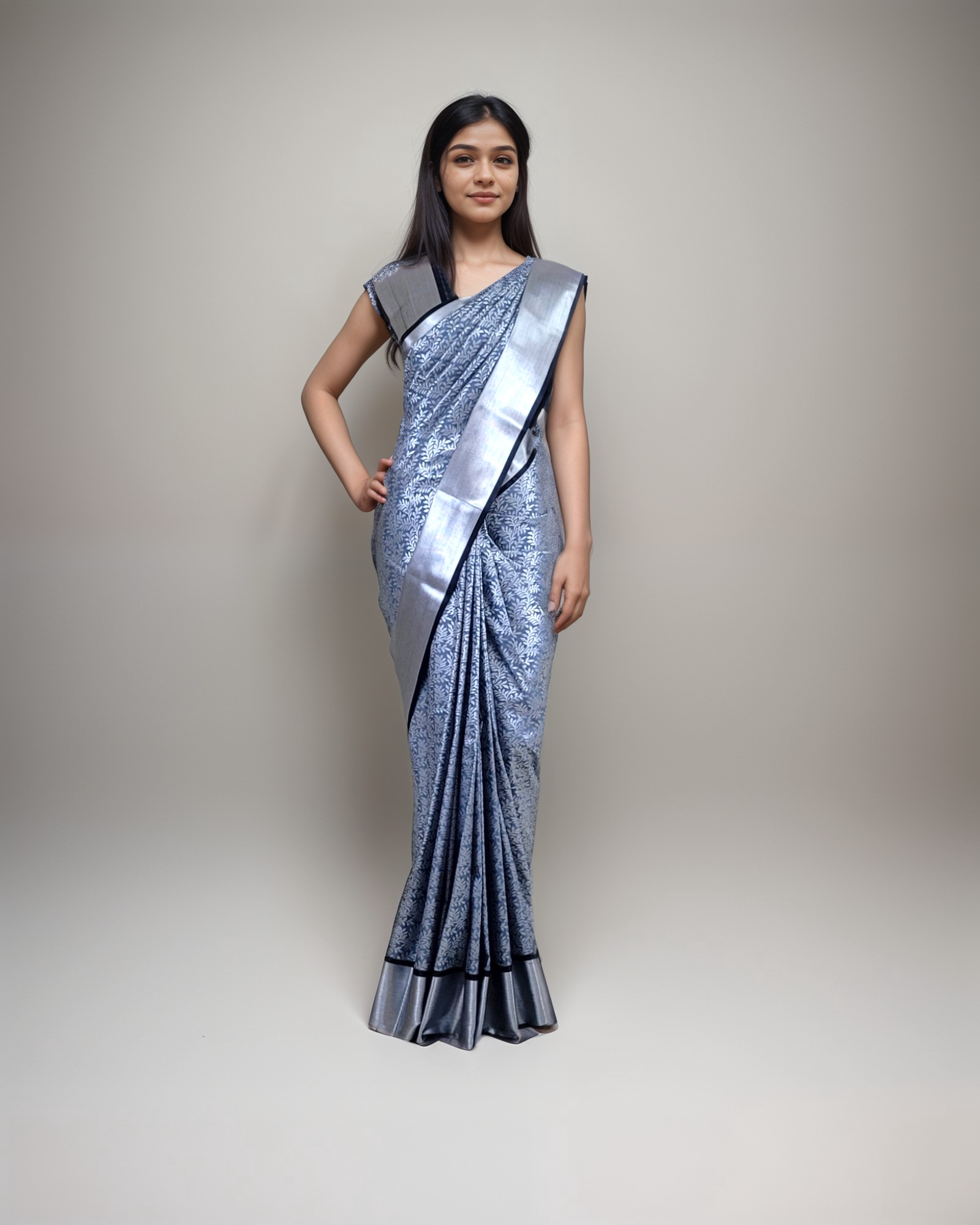 Vastrakala Moonlit Charcoal with Silver Zari Vine Grace