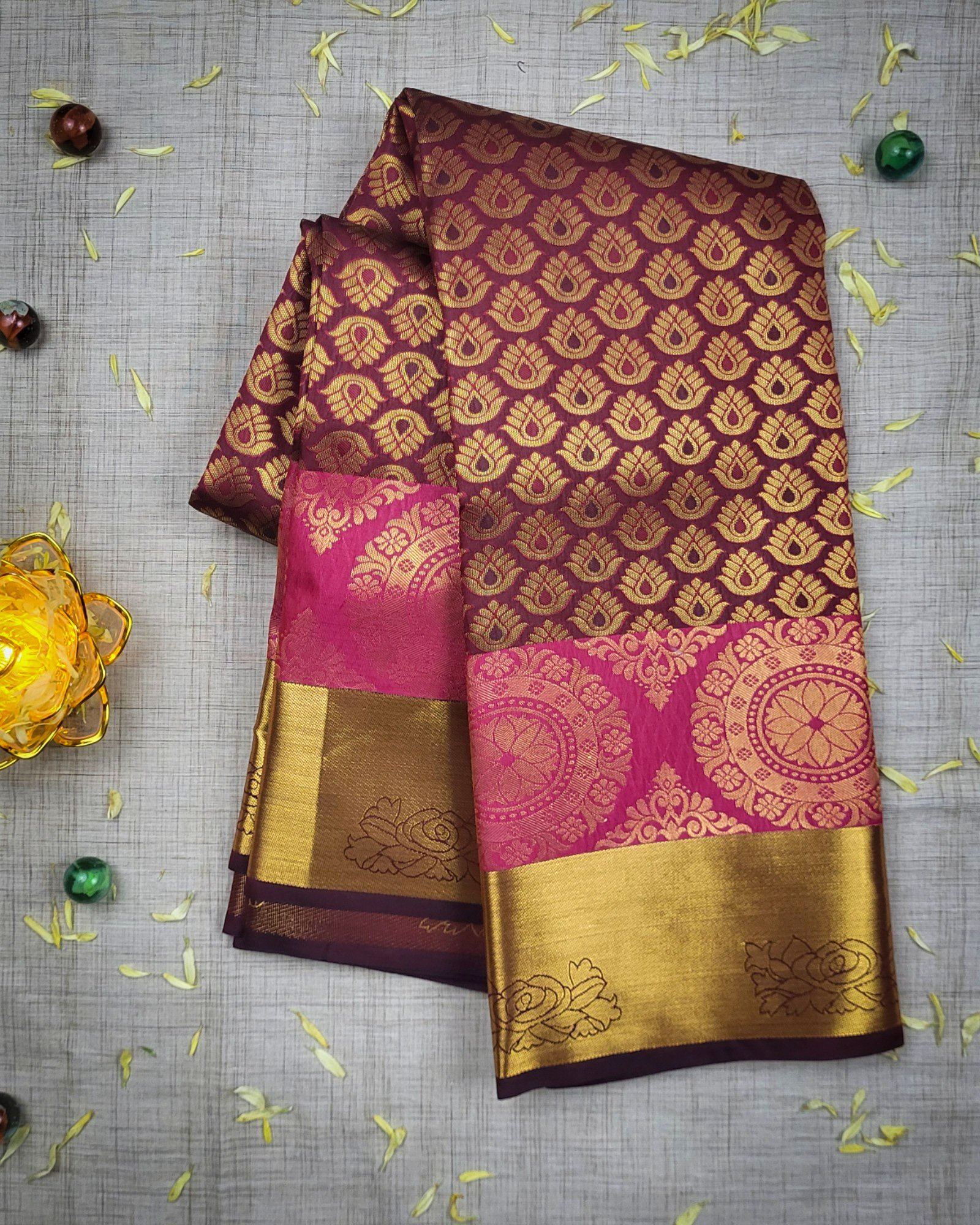 Vastrakala Wine with Golden Zari Temple Buttas