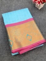 Sky Blue Pink Gold Silk Saree