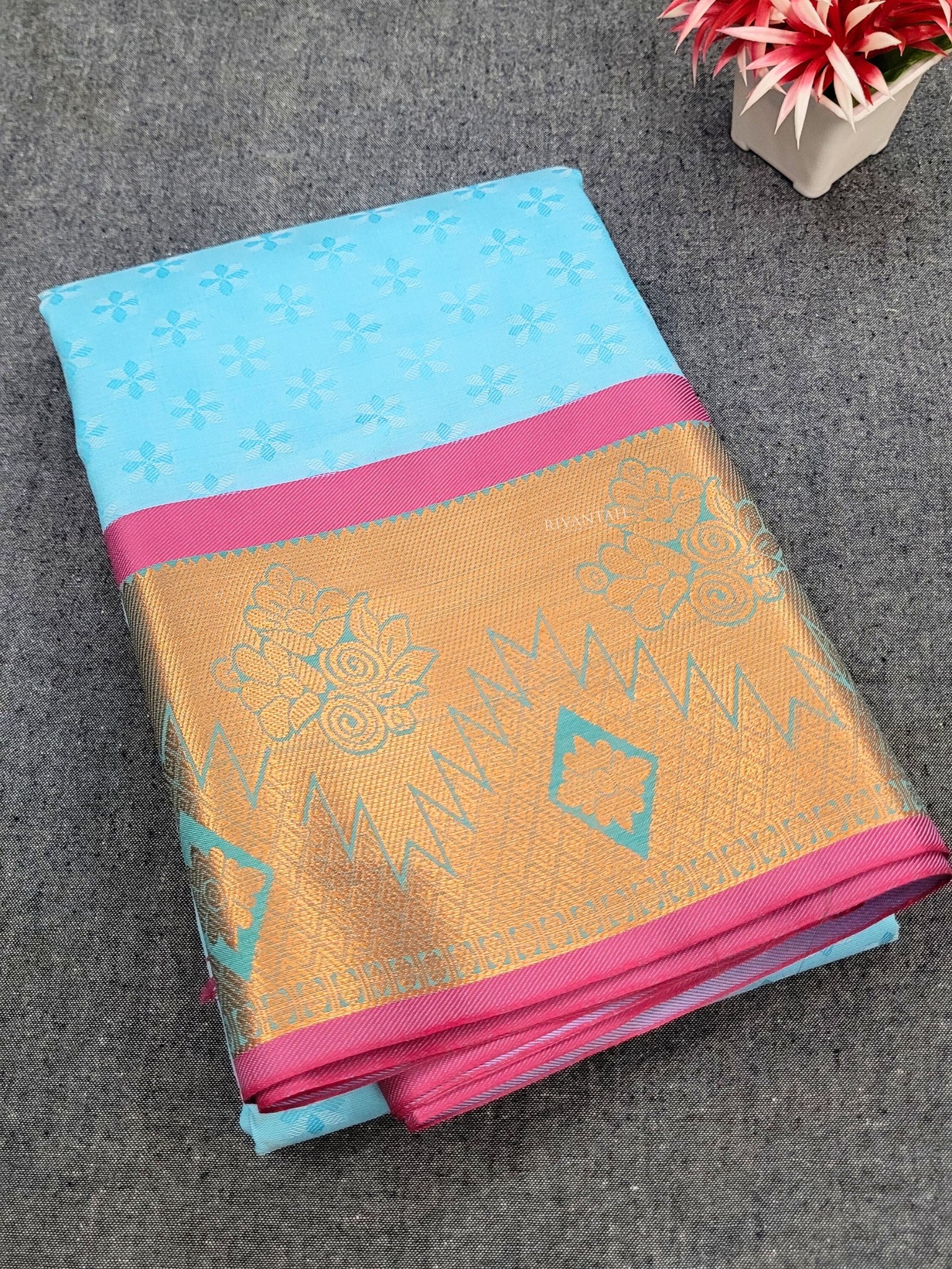 Sky Blue Pink Gold Silk Saree