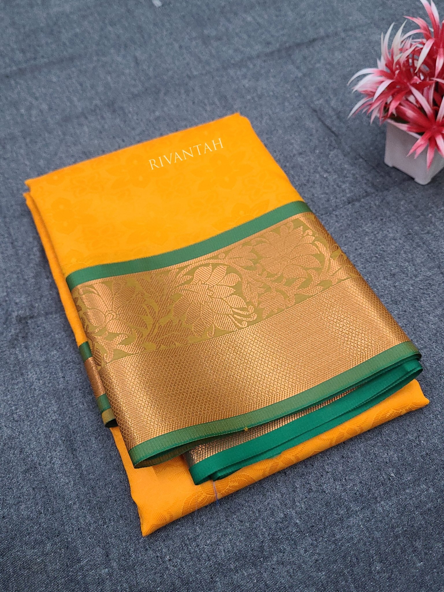 Mustard Yellow Green Copper Silk Saree