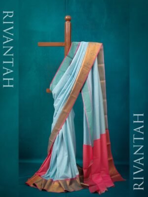 Sky Blue Pink Gold Silk Saree