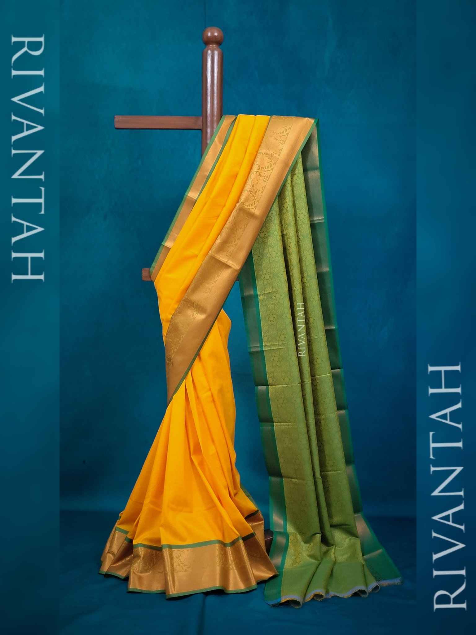 Mustard Yellow Green Copper Silk Saree