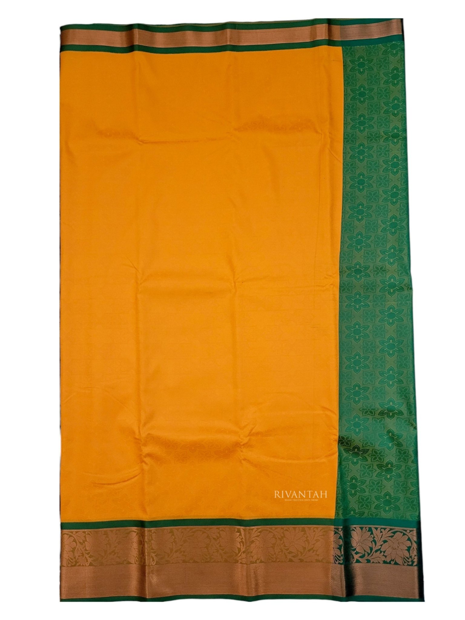 Mustard Yellow Green Copper Silk Saree