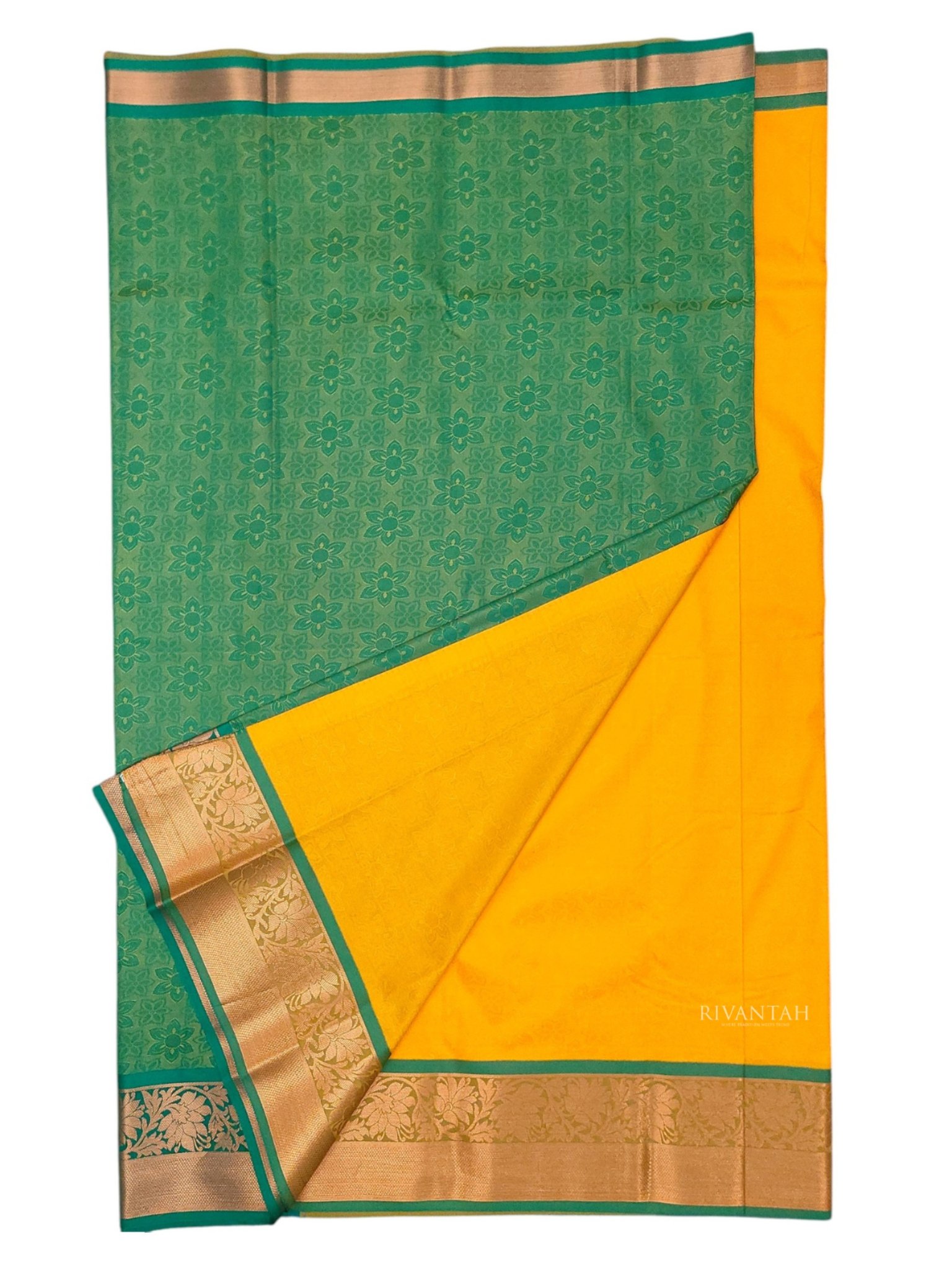 Mustard Yellow Green Copper Silk Saree