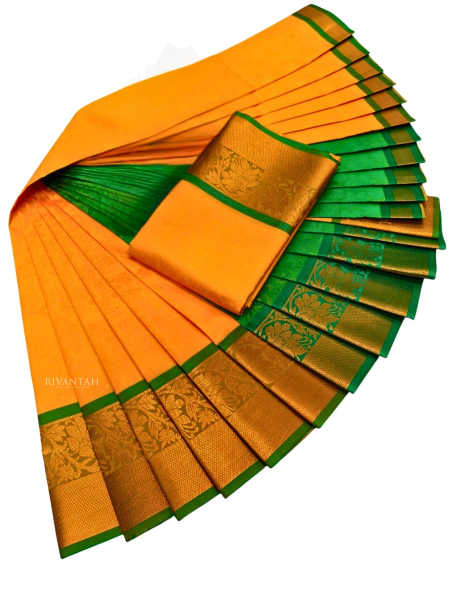 Mustard Yellow Green Copper Silk Saree