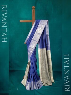 Royal Blue Floral Silver Silk Saree