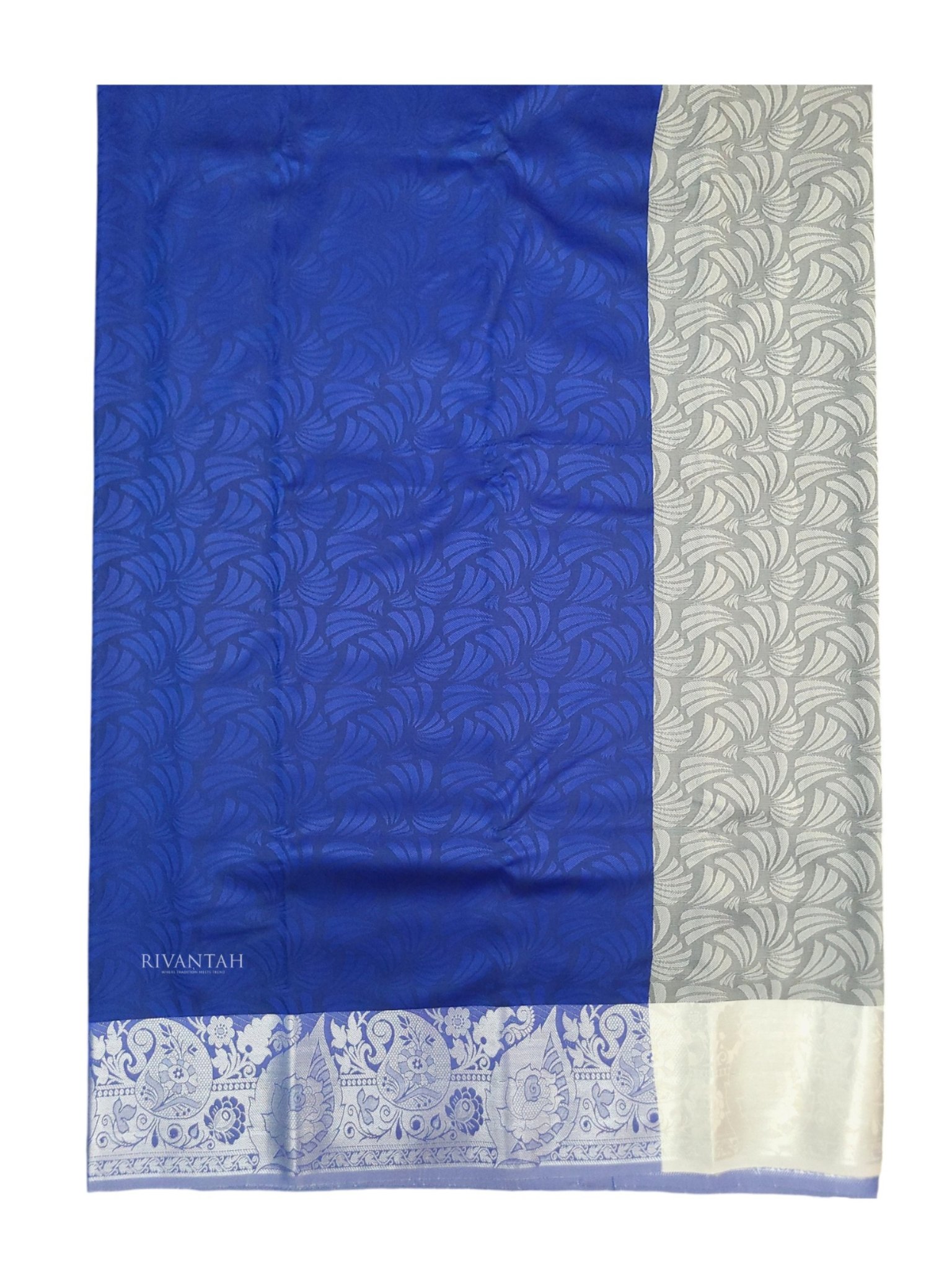 Royal Blue Floral Silver Silk Saree