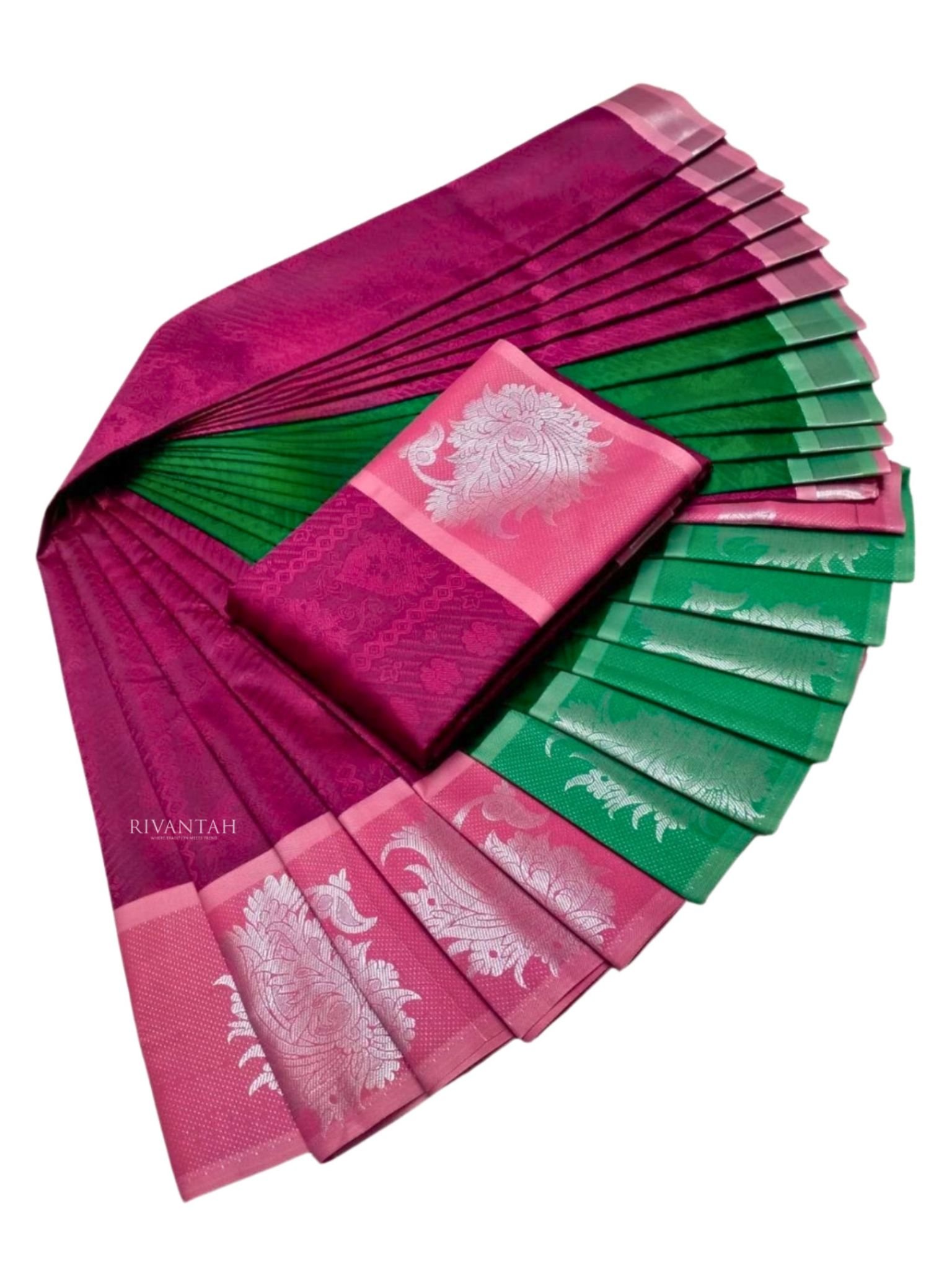 Magenta Green Silk Saree with Silver Motifs - Image 3
