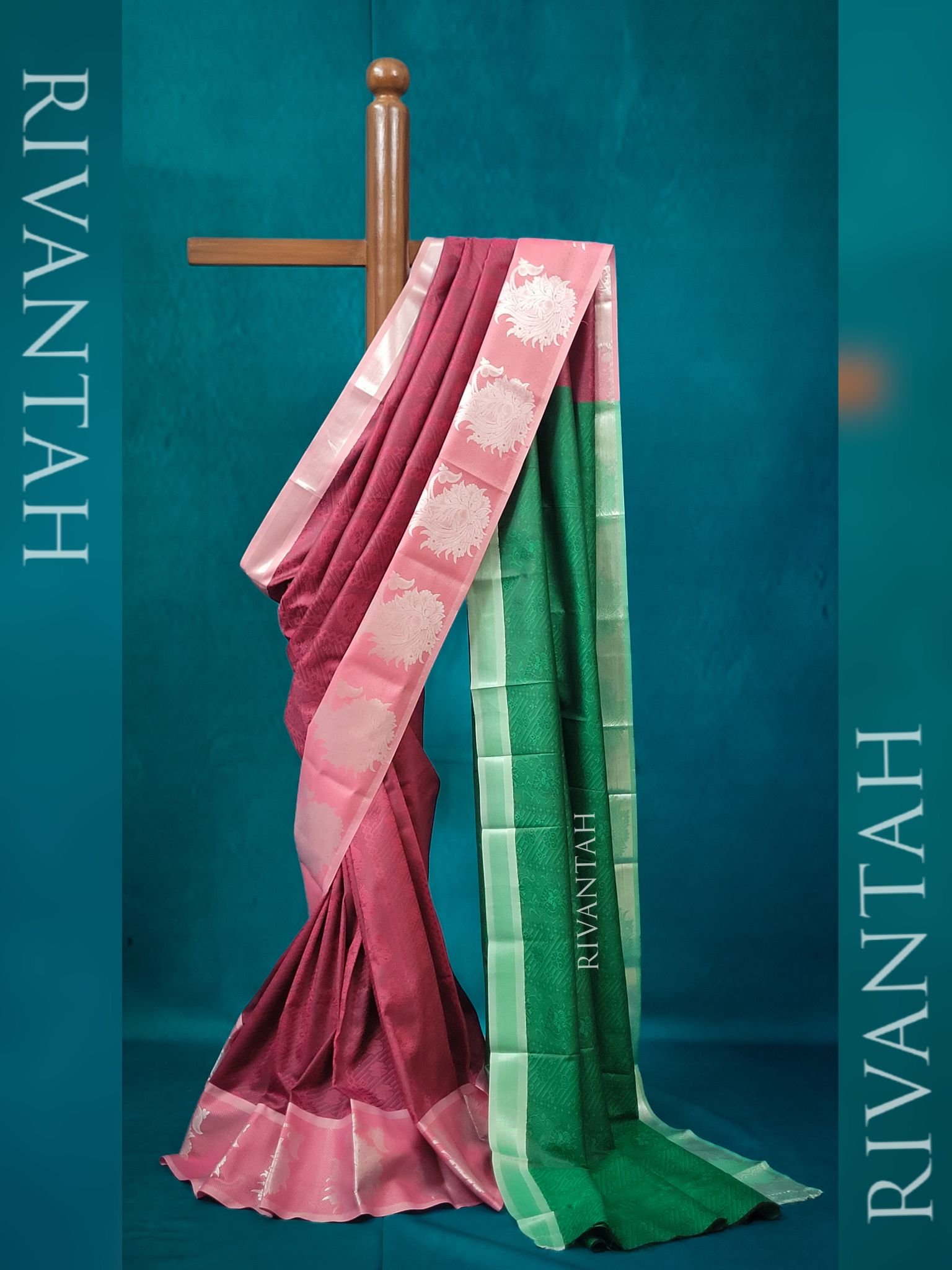 Magenta Green Silk Saree with Silver Motifs - Image 5