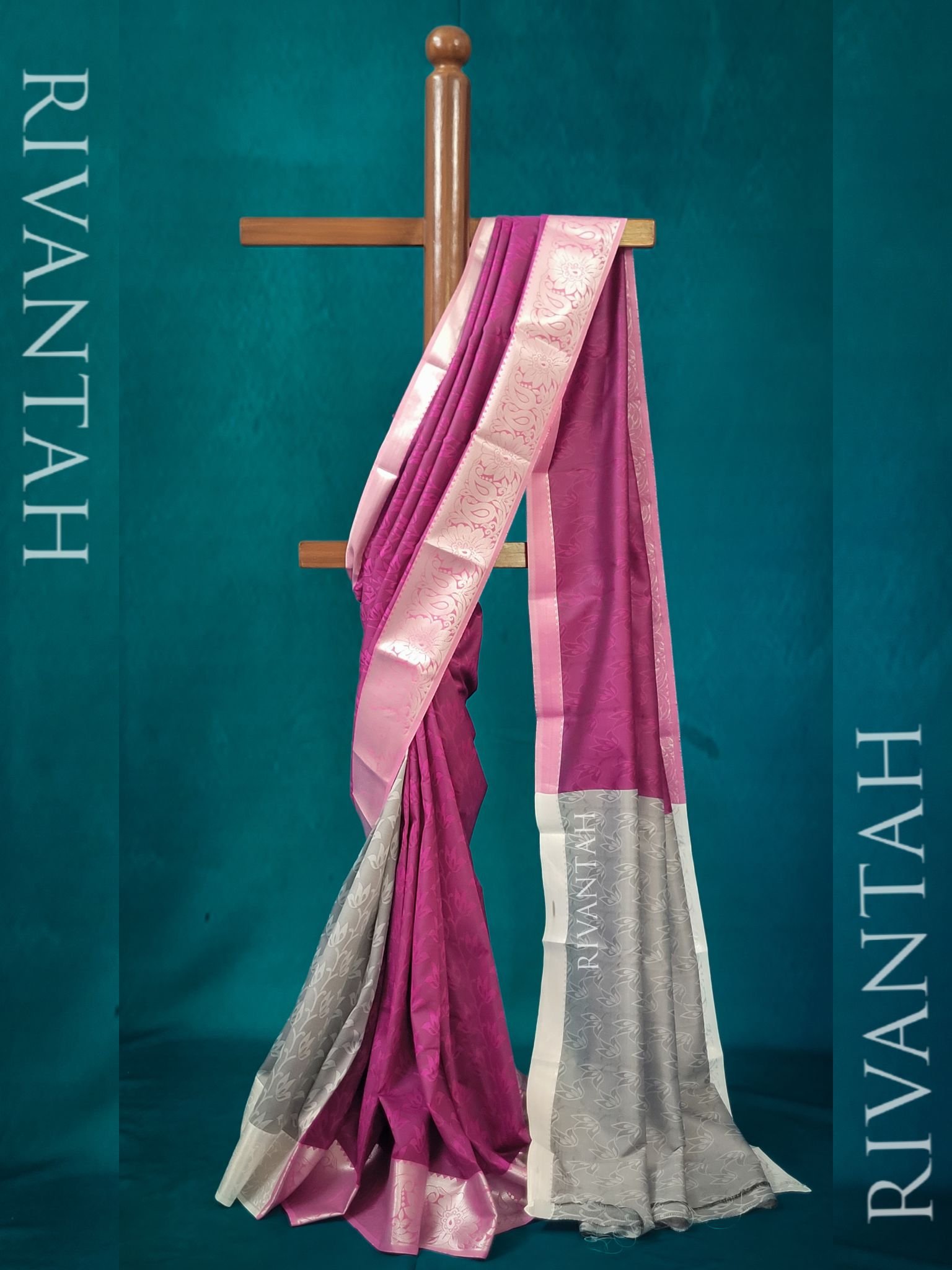 Red Velvet Silk Saree with Silver Zari Weaving - Image 6