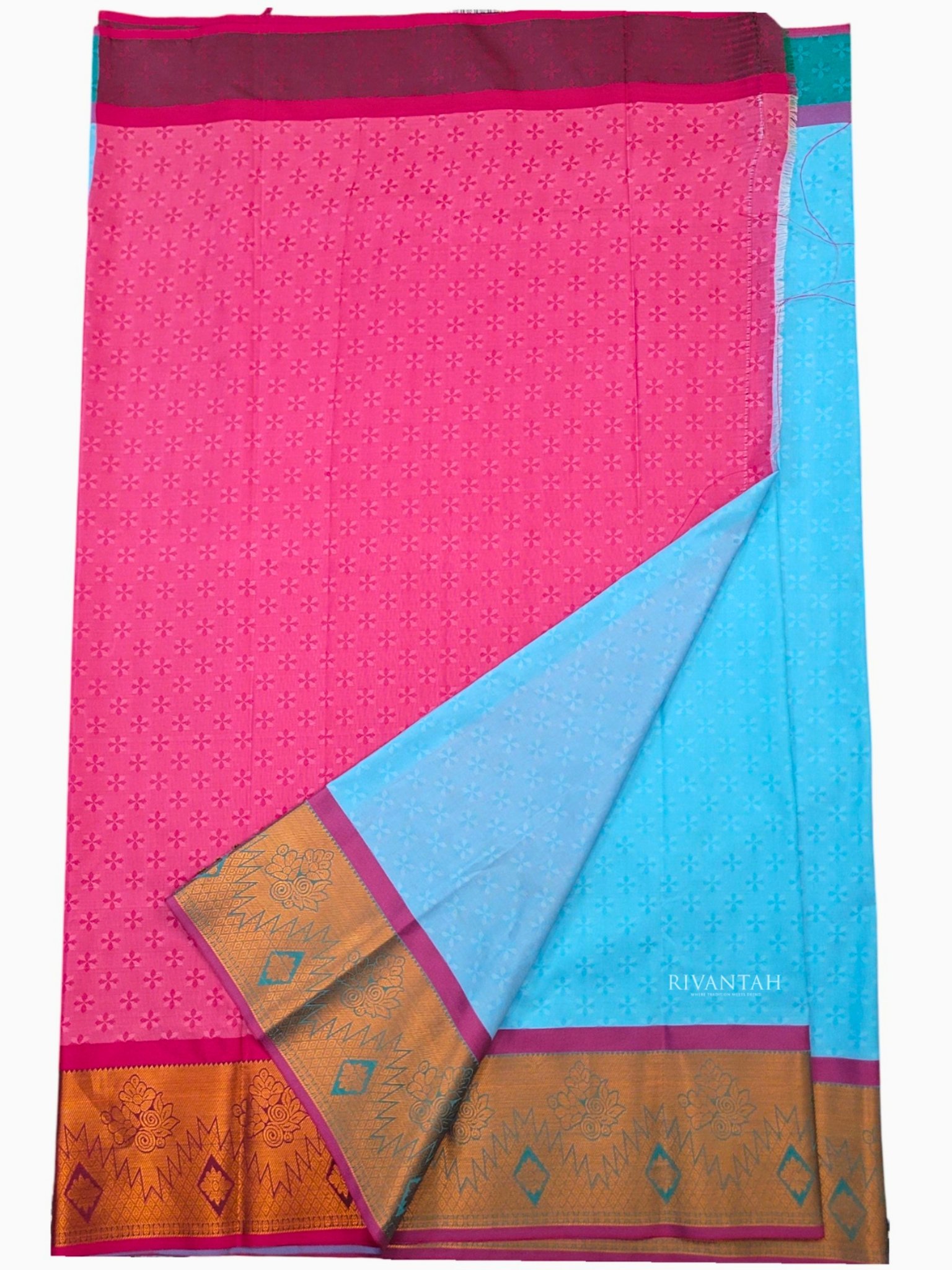 Sky Blue Pink Gold Silk Saree