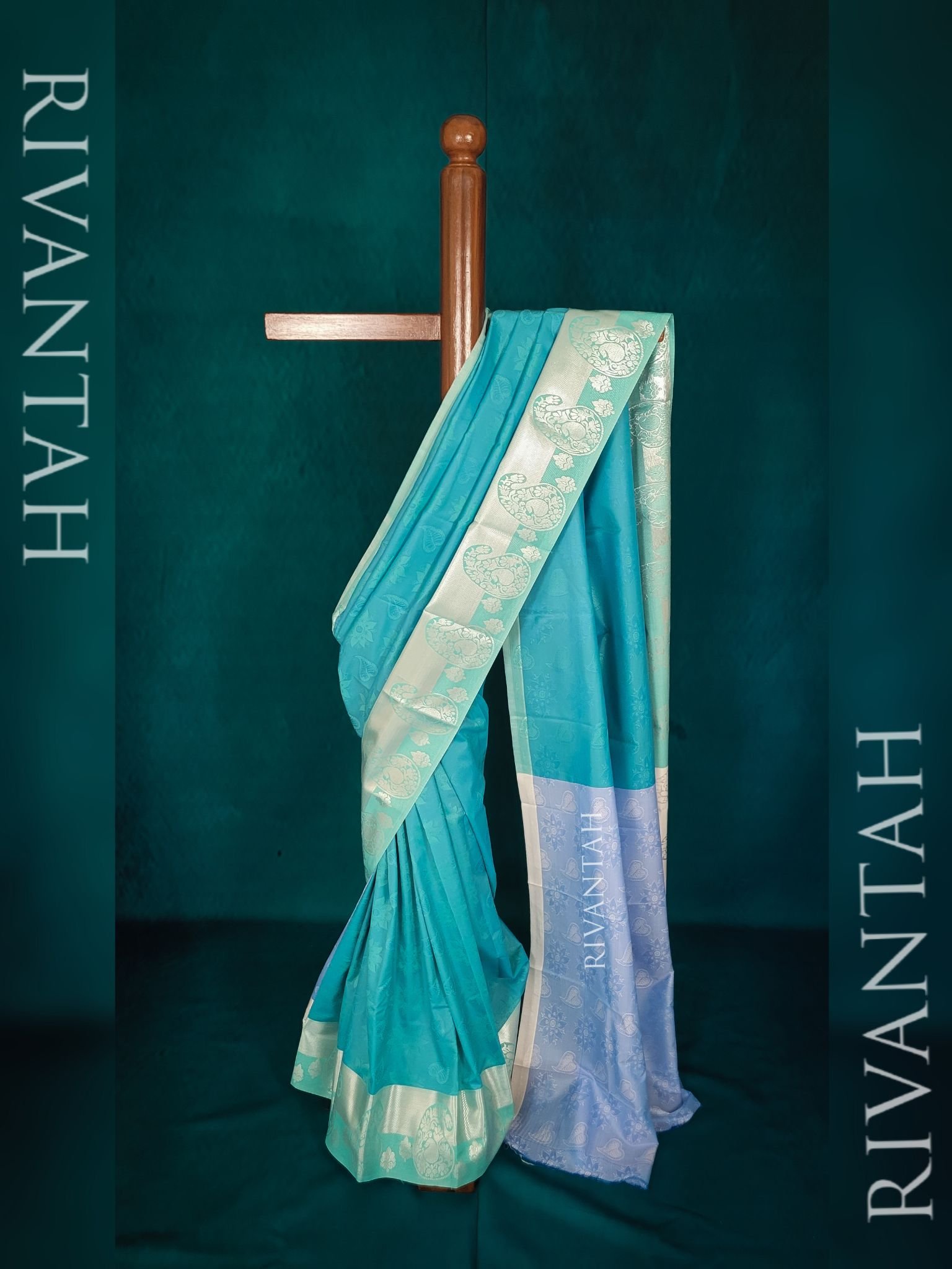 Teal Silk Saree with Silver Zari Weaving - Image 2