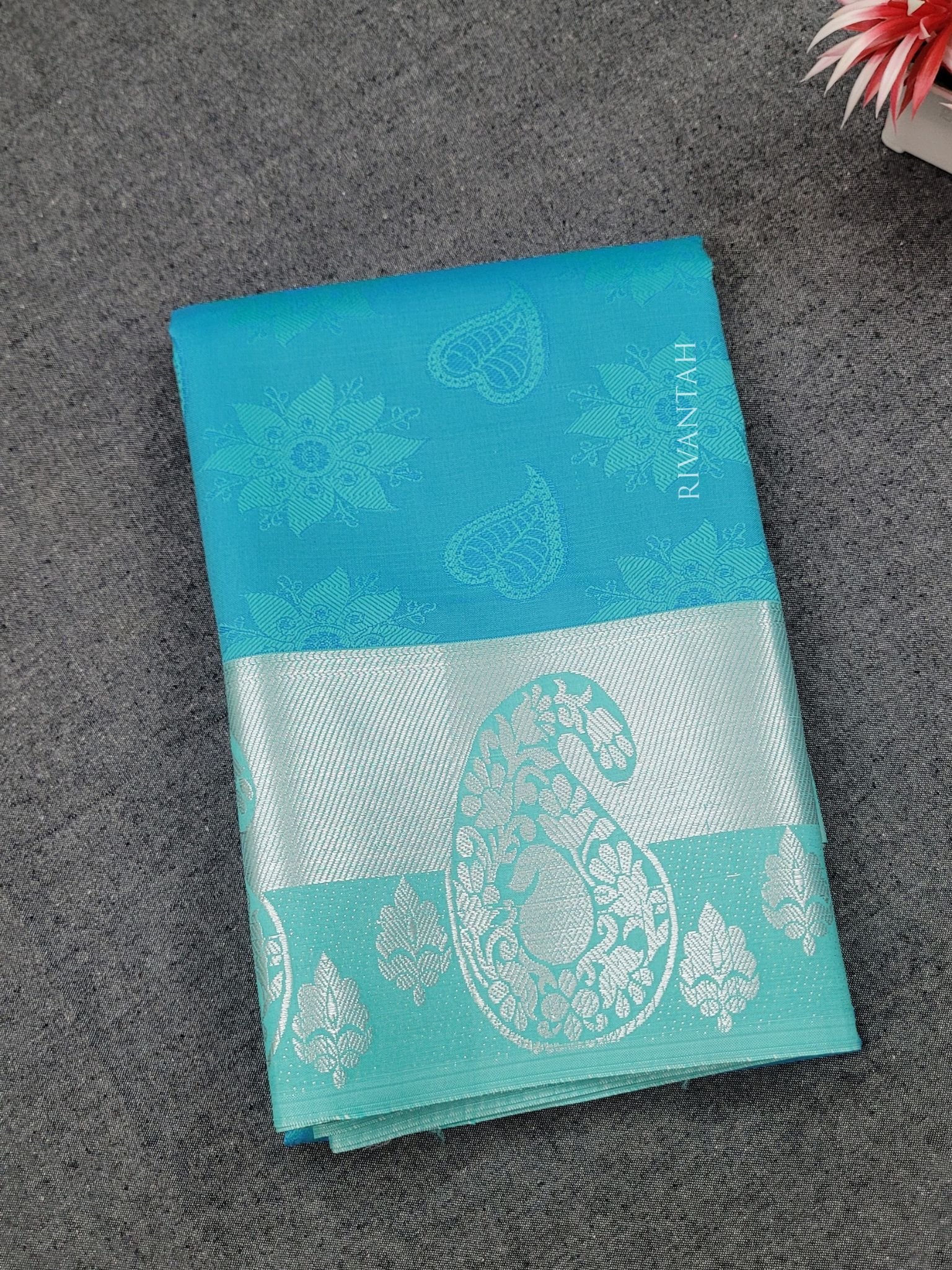 Teal Silk Saree with Silver Zari Weaving