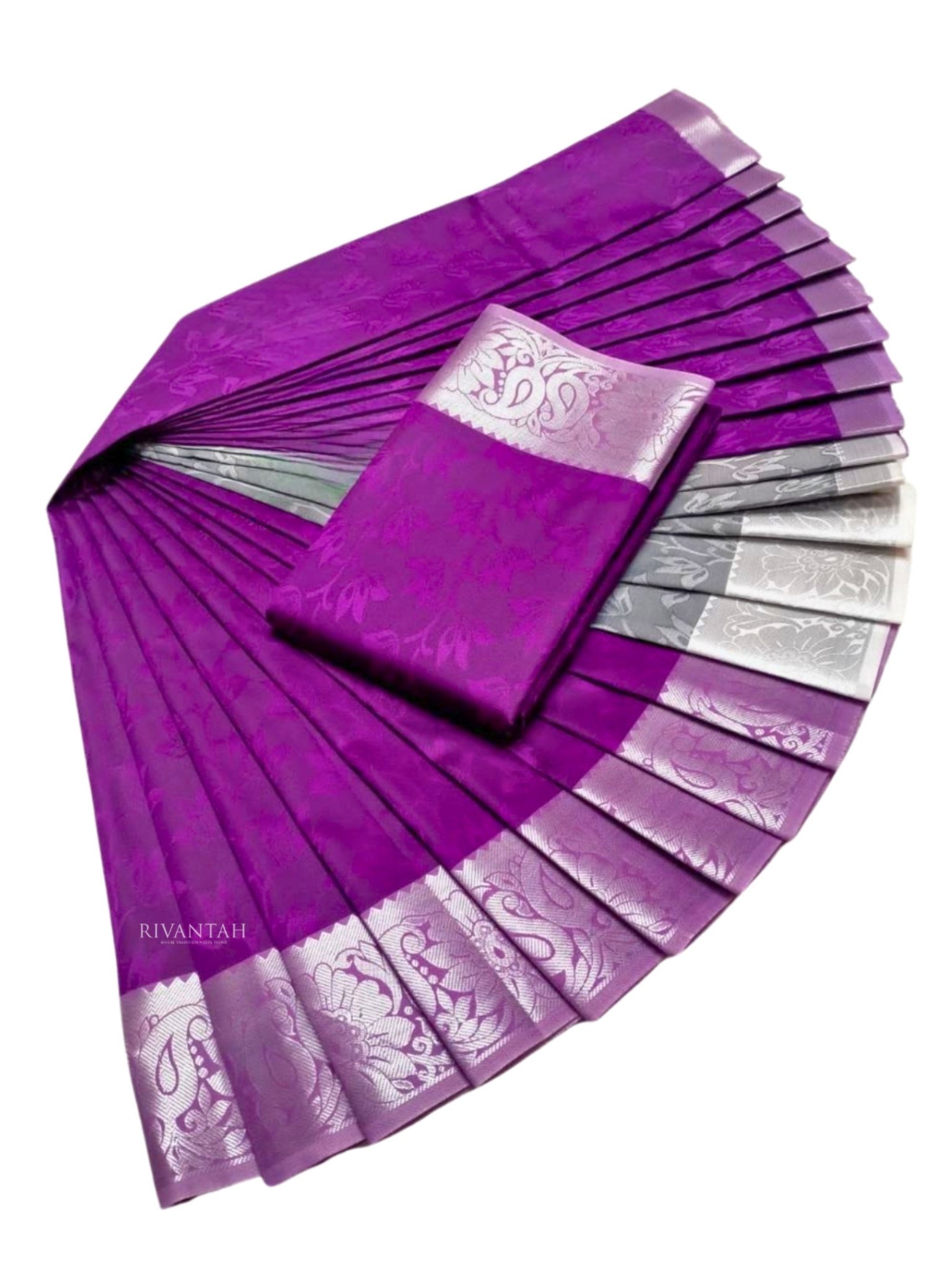 Purple Silk Saree with Silver Zari Weaving - Image 4