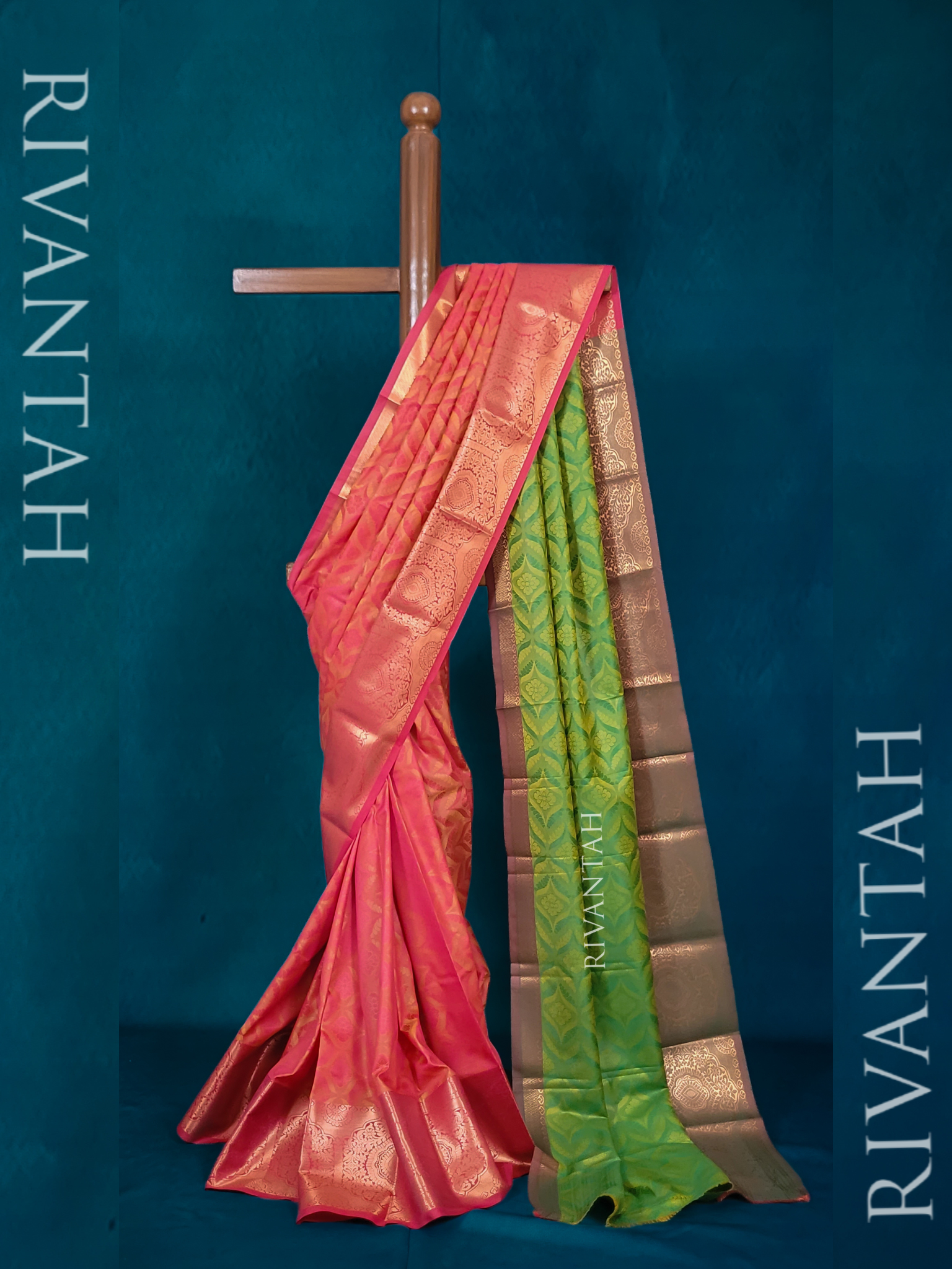 Coral Red Silk Saree with Gold Brocade Weaving - Image 2