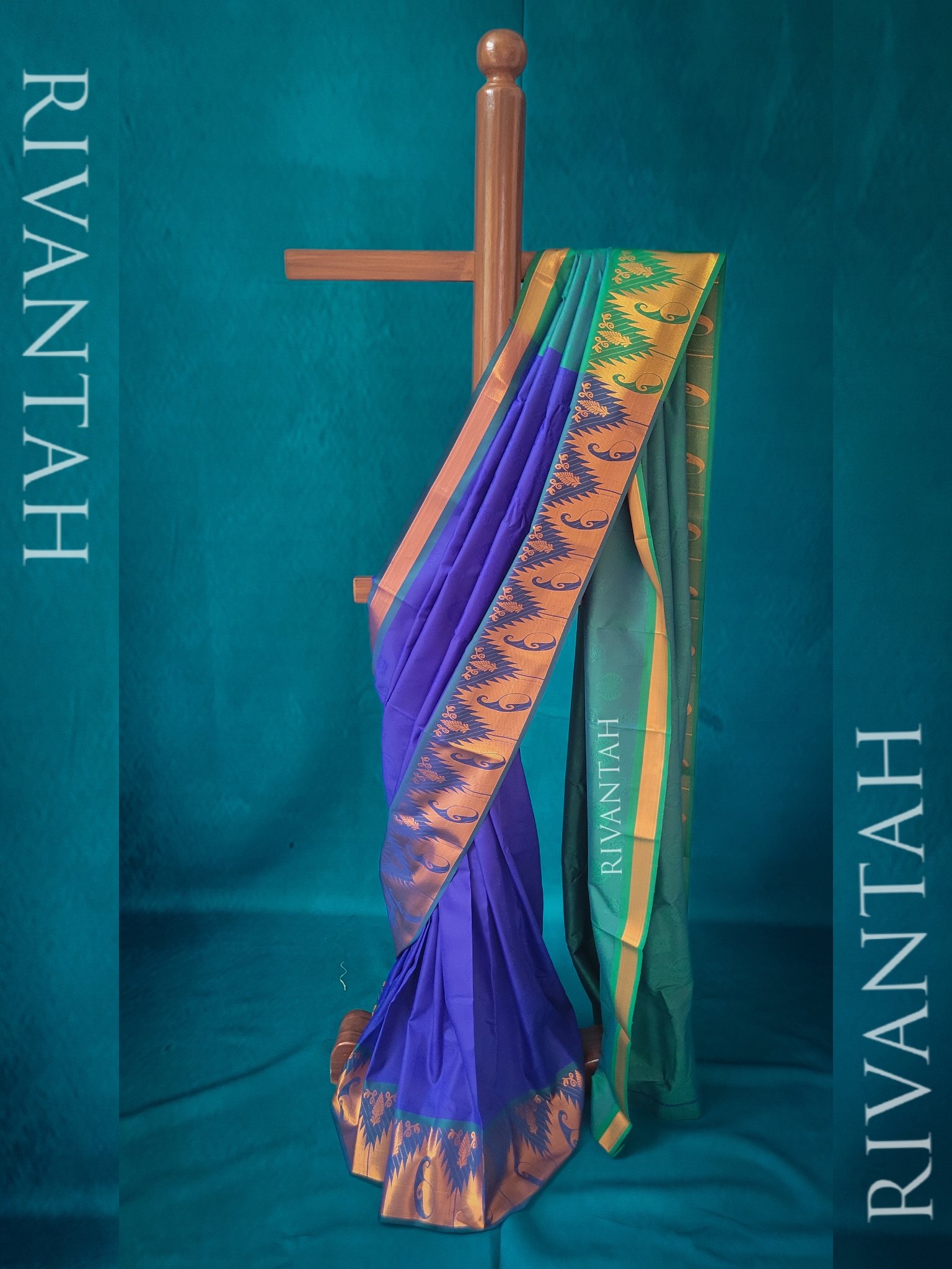 Royal Blue Purple Silk Saree with Gold Floral Butta - Image 2