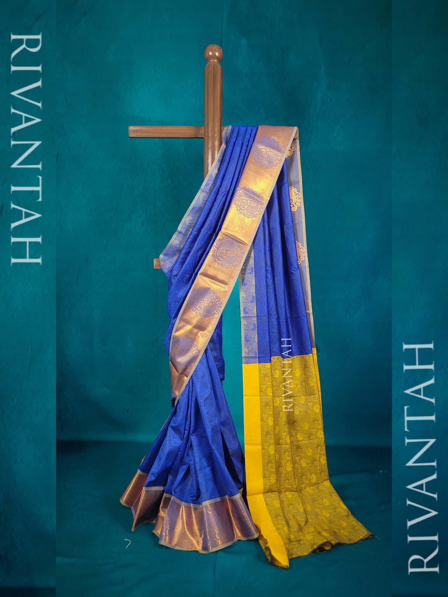 Royal Blue Mustard Silk Saree with Silver Paisley Design - Image 2