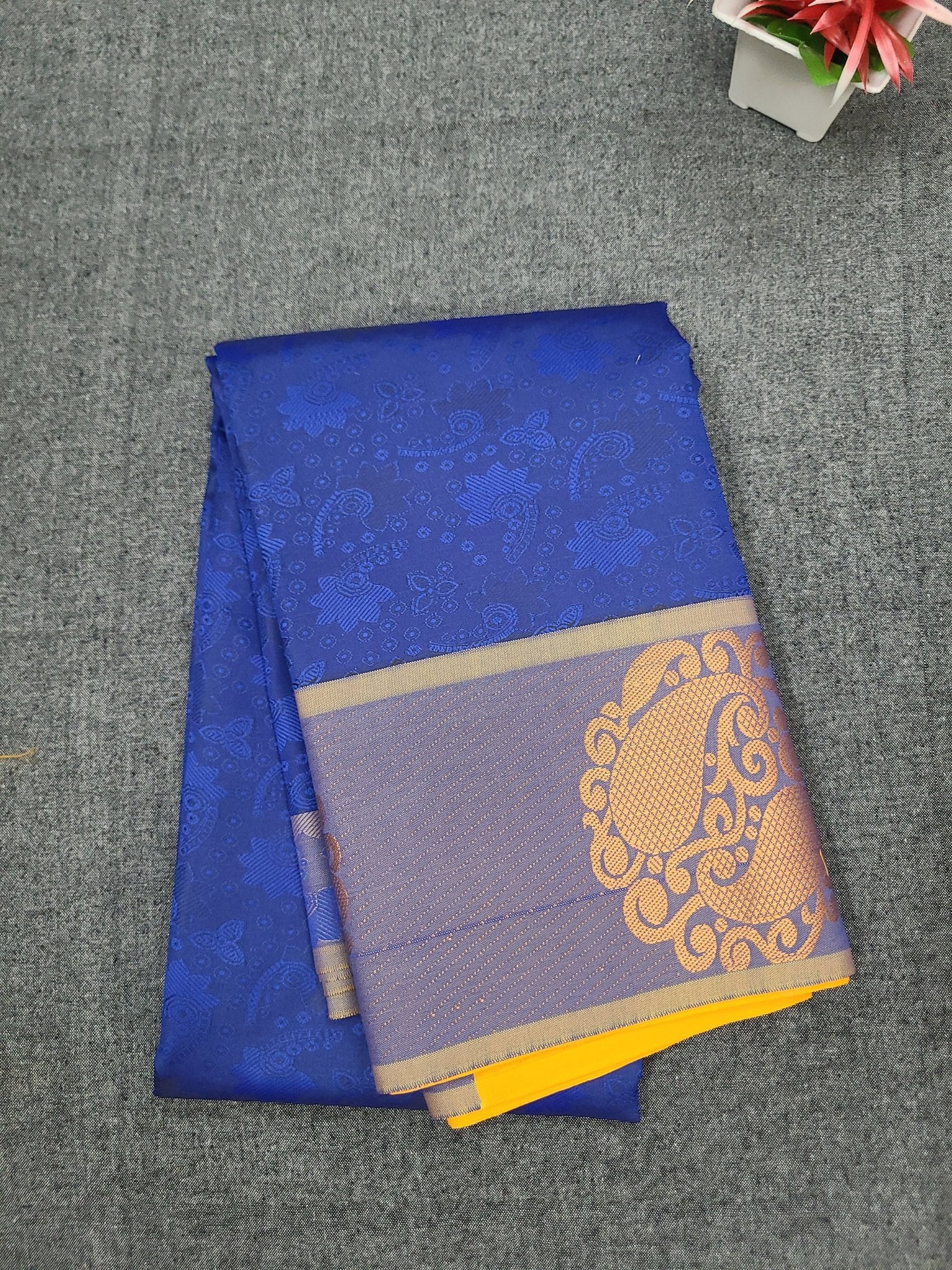 Royal Blue Mustard Silk Saree with Silver Paisley Design